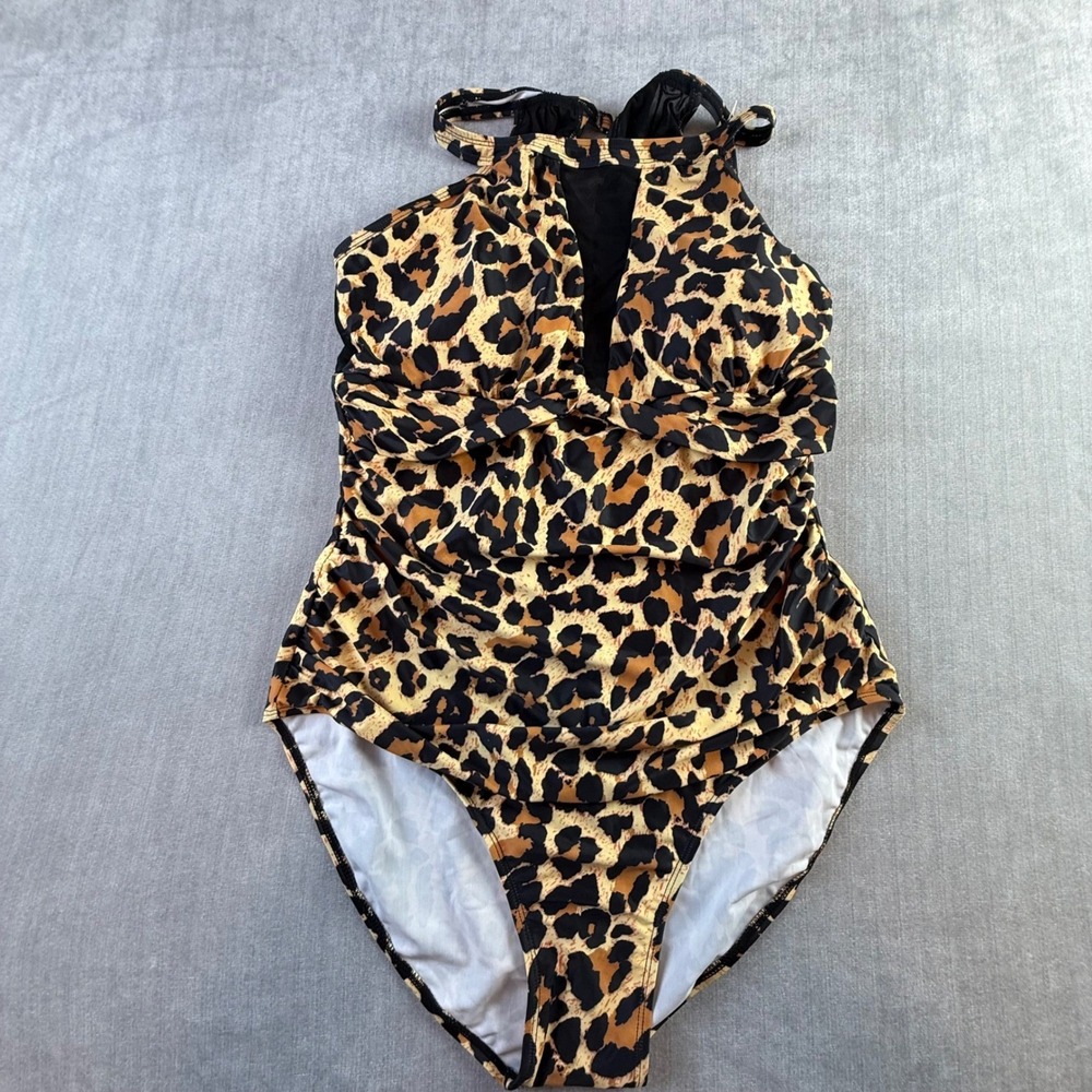 12CRAZY Womens Leopard Print High Neck One Piece Swimsuit Mesh Keyhole XXL S001‎